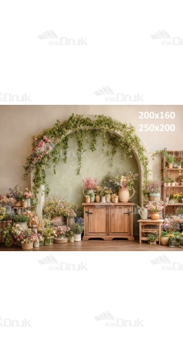 Tło fotograficzne „Wiosenna rustykalna wnęka z kwiatami i drewnianą komodą” | E683